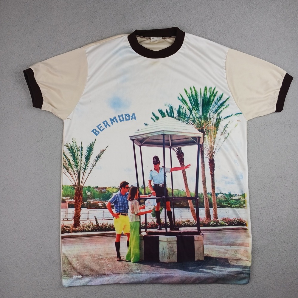 Vintage Bermuda Carousel Ringer T-Shirt Mens XL Cream  Souvenir Photo Print 70s